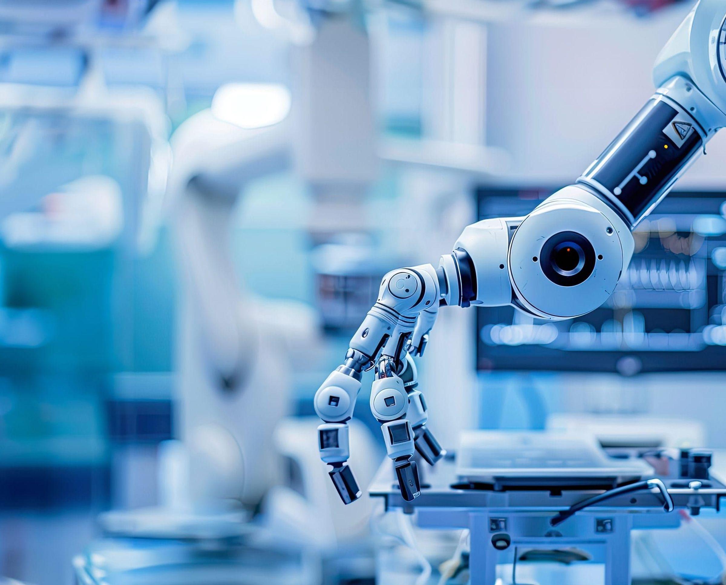 Ein hochmoderner OP-Roboter mit einem beweglichen Arm und einer feinmechanischen Greifhand, umgeben von medizinischer Technik und Monitoren mit Vitaldaten.