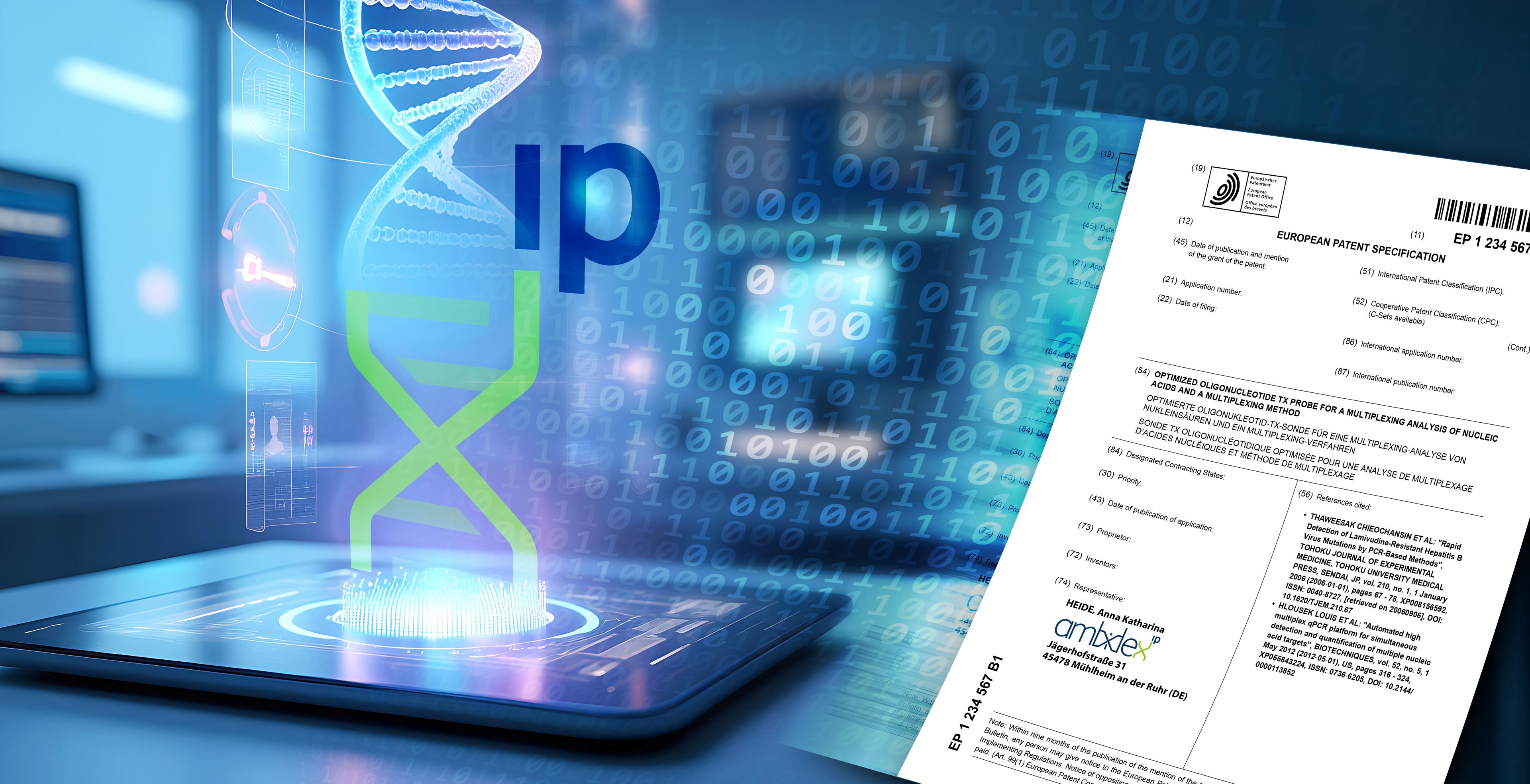Grafik mit DNA Helix, Schreiben und Ambidex Logo
